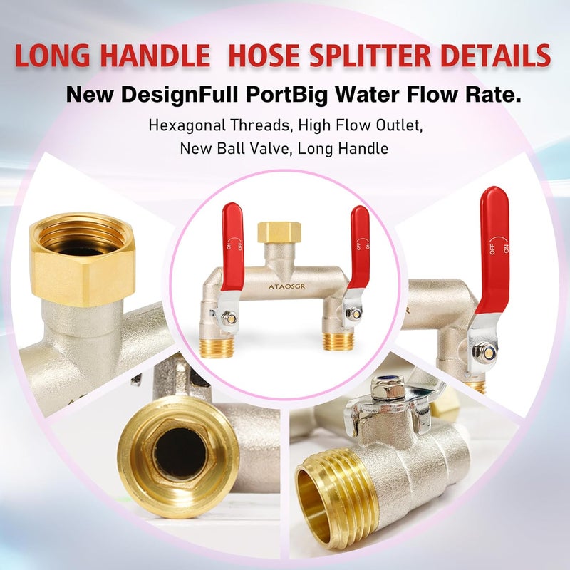 ATAOSGR Garden Hose Splitter, 2 Way Heavy Duty Outdoor Faucet Splitter, Extra Long Handles High Flow Hose Adapter,with Shutoff Valves,3/4" GHT Thread - Image 4